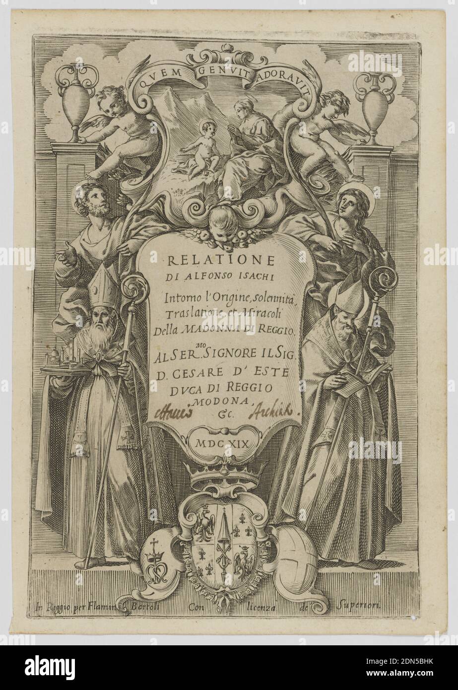 Frontispiece: Relatione di Alfonso Isachi intorno l'origine, solennita`, traslatione, et miracoli della Madonna di Reggio (Alfonso Isachi's account of the origin, solemnity, translatione[?], and miracles of the Madonna of Reggio), Giovanni Luigi Valesio, Italian, ca. 1583 - 1633, Engraving on paper, Title page with inscription on central tablet, flanked by vase-topped columns and figures. Two ecclesiastical robed elders with scepters at right and left, and above them two haloed men, who each look up at a cherub. A scene of Mary and Christ as a child above the tablet, under a Latin phrase Stock Photo